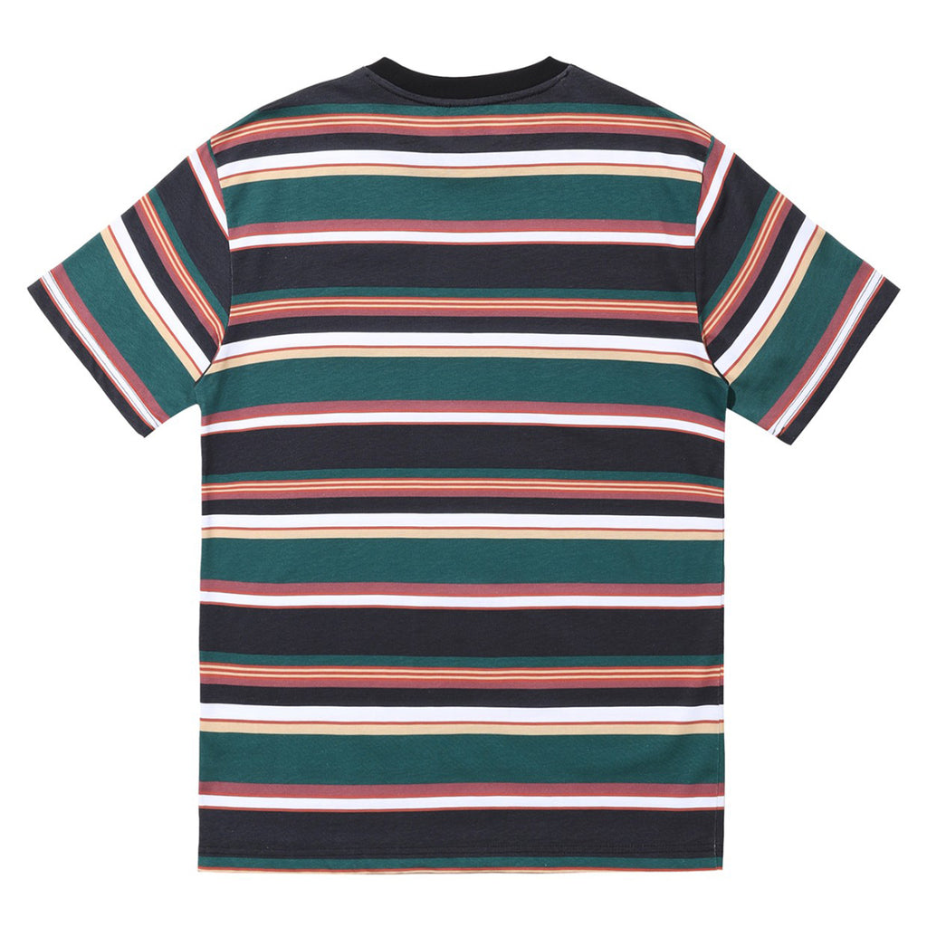 The HELAS Rayures Tee in green and black features horizontal stripes in various colors including black, green, white, red, yellow, and light pink. Made from 100% cotton, this short-sleeved shirt is adorned with an embroidered umbrella logo on the front. The shirt is displayed flat with the back facing up.