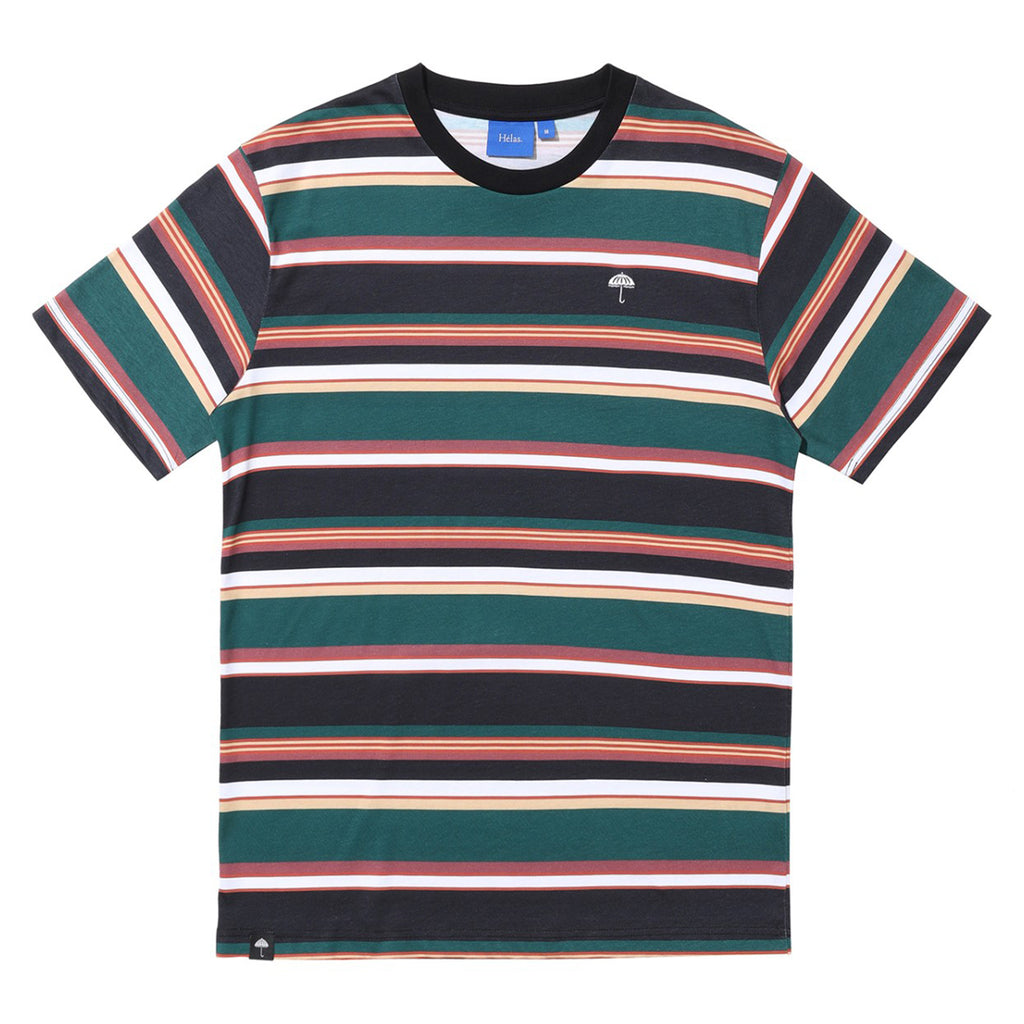 This HELAS RAYURES TEE GREEN / BLACK by HELAS is a short-sleeve shirt with horizontal stripes in green, black, white, red, and orange. Crafted from 100% cotton, it features a small mushroom graphic on the left chest area and an embroidered umbrella logo.