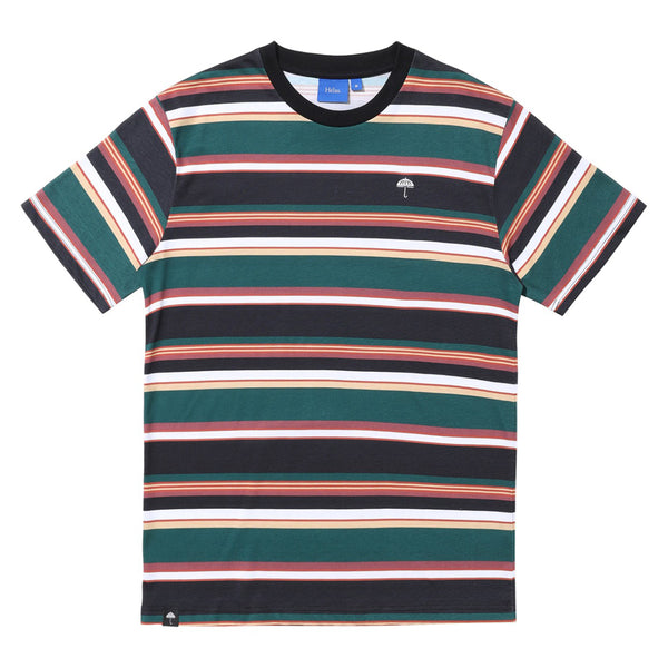 This HELAS RAYURES TEE GREEN / BLACK by HELAS is a short-sleeve shirt with horizontal stripes in green, black, white, red, and orange. Crafted from 100% cotton, it features a small mushroom graphic on the left chest area and an embroidered umbrella logo.