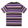 The HELAS RAYURES TEE PURPLE / BLACK from Helas is a short-sleeve t-shirt adorned with horizontal stripes in purple, black, white, red, and pink. It features a straight hem and crew neckline and is complemented by an embroidered umbrella logo for added flair.