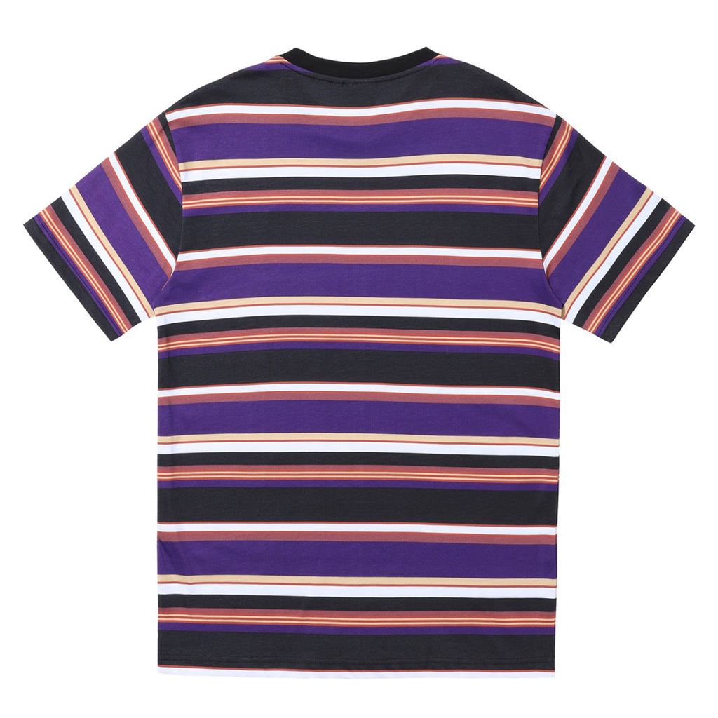 The HELAS RAYURES TEE PURPLE / BLACK from Helas is a short-sleeve t-shirt adorned with horizontal stripes in purple, black, white, red, and pink. It features a straight hem and crew neckline and is complemented by an embroidered umbrella logo for added flair.