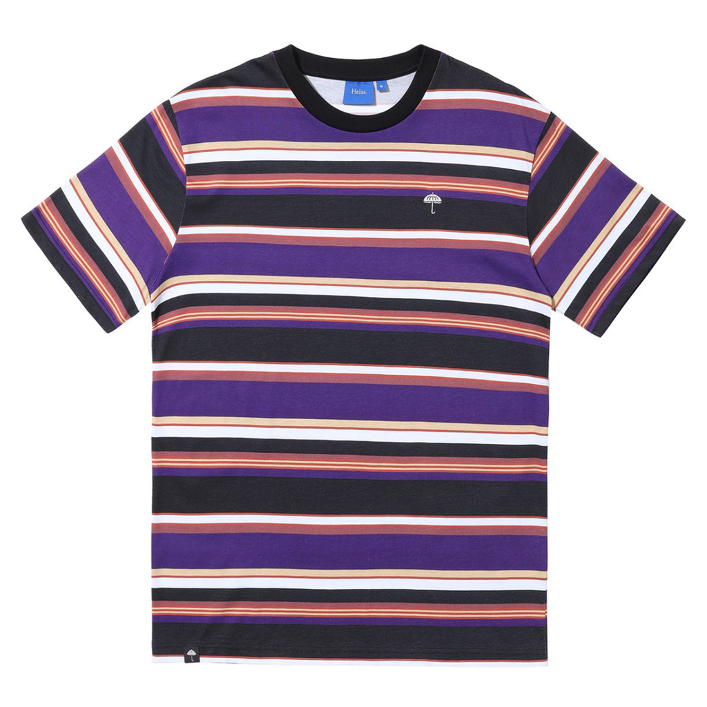 The HELAS RAYURES TEE PURPLE / BLACK from Helas is a short-sleeved tee featuring horizontal stripes in black, purple, orange, and white. It also has a small embroidered umbrella logo on the left chest area.