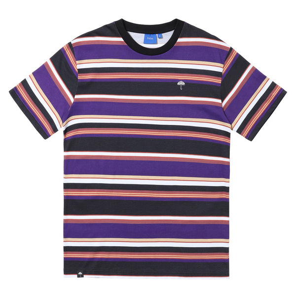 The HELAS RAYURES TEE PURPLE / BLACK from Helas is a short-sleeved tee featuring horizontal stripes in black, purple, orange, and white. It also has a small embroidered umbrella logo on the left chest area.