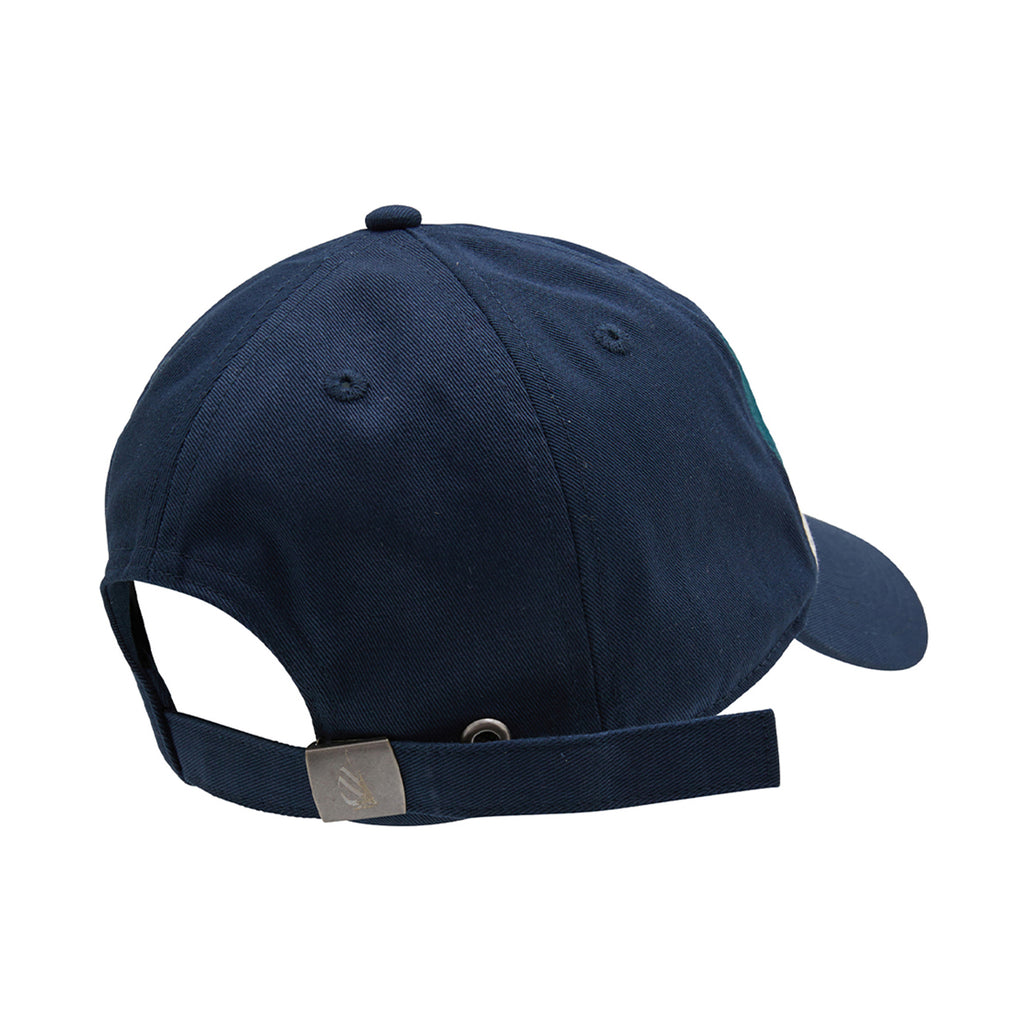 The HELAS x Nautica Aubert Strapback Cap in dark navy, viewed from the back, showcases an adjustable strap with a metal clasp. This stylish cap adds a touch of elegance to your casual look.