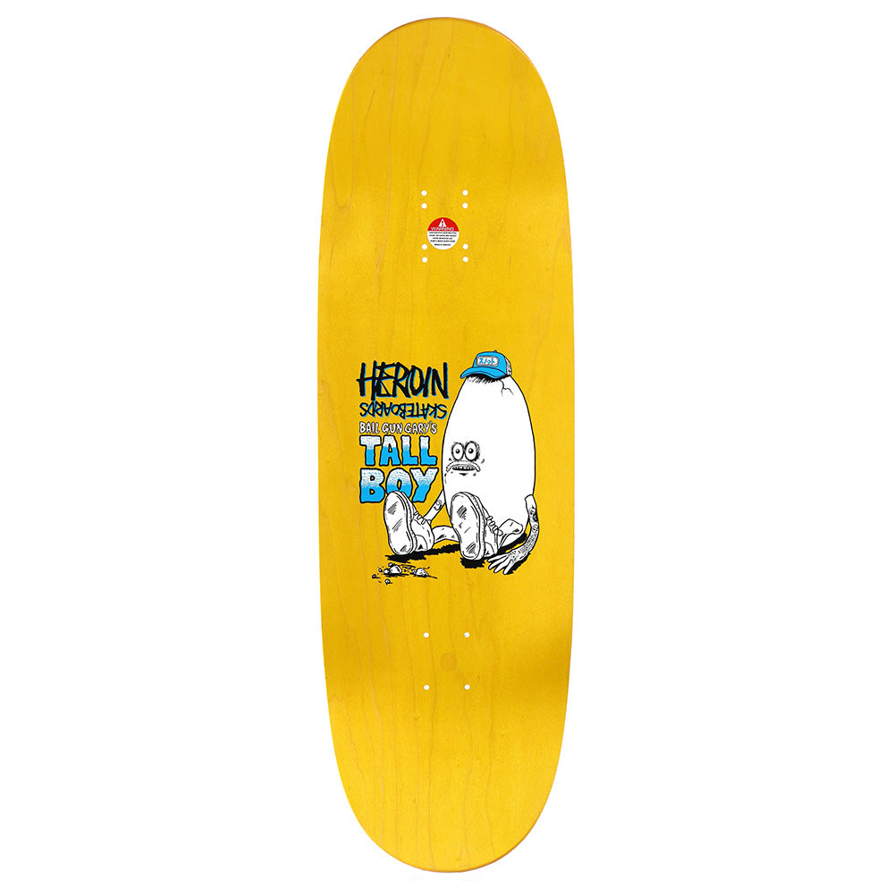 The HEROIN BAIL GUN GARY'S TALL BOY skateboard deck by HEROIN is yellow, made of Hard Rock Maple, and features a cartoon white character in a blue hat, “Heroin Skateboards, Shimizu, Tall Boy” text, sneakers graphic front, and an 8-hole truck pattern.