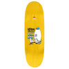 The HEROIN BAIL GUN GARY'S TALL BOY skateboard deck by HEROIN is yellow, made of Hard Rock Maple, and features a cartoon white character in a blue hat, “Heroin Skateboards, Shimizu, Tall Boy” text, sneakers graphic front, and an 8-hole truck pattern.