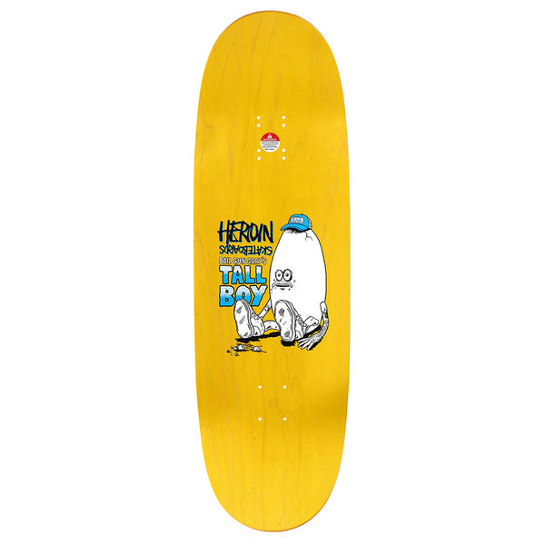 The HEROIN BAIL GUN GARY'S TALL BOY skateboard deck by HEROIN is yellow, made of Hard Rock Maple, and features a cartoon white character in a blue hat, “Heroin Skateboards, Shimizu, Tall Boy” text, sneakers graphic front, and an 8-hole truck pattern.