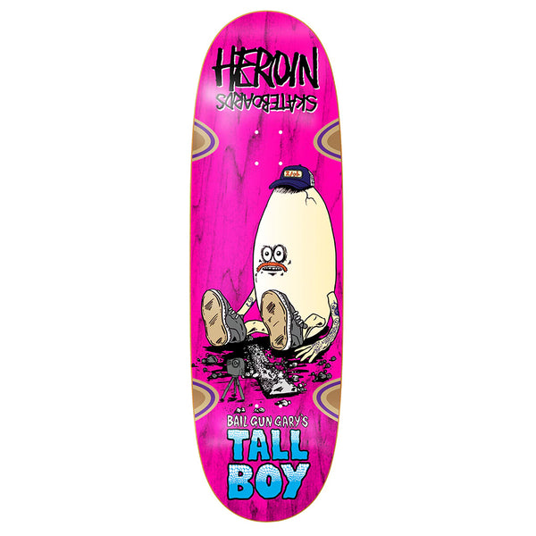 The HEROIN BAIL GUN GARY'S TALL BOY skateboard deck by HEROIN features a custom pink shape, North American Hard Rock Maple, a cartoon egg-shaped character with a hat, and signature brand graphics.