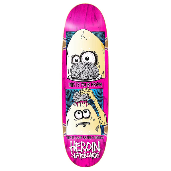 The HEROIN BRAIN ON EGGS skateboard deck by HEROIN features a pink background, North American Hard Rock Maple construction, two cartoon egg brain panels ("This is your brain"/"This is your brain on eggs"), and the Heroin Skateboards logo.