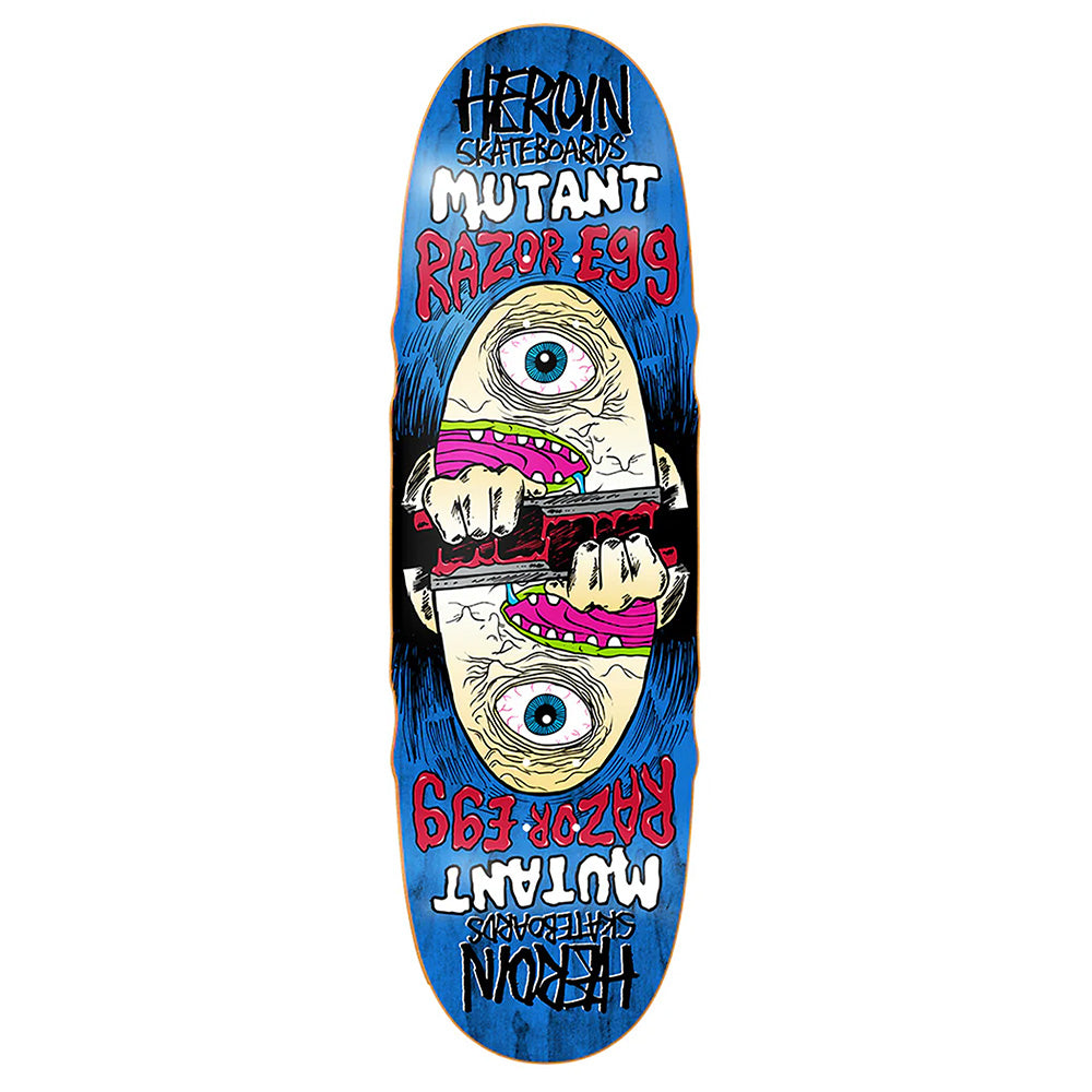 The HEROIN MUTANT RAZOREGG is a 9.5" blue skateboard deck by HEROIN, made from hard rock maple with a cartoon eyeball, jagged teeth, and bold "Mutant Razor Egg" text in yellow, white, pink, and blue.