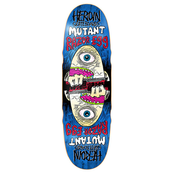 The HEROIN MUTANT RAZOREGG is a 9.5" blue skateboard deck by HEROIN, made from hard rock maple with a cartoon eyeball, jagged teeth, and bold "Mutant Razor Egg" text in yellow, white, pink, and blue.