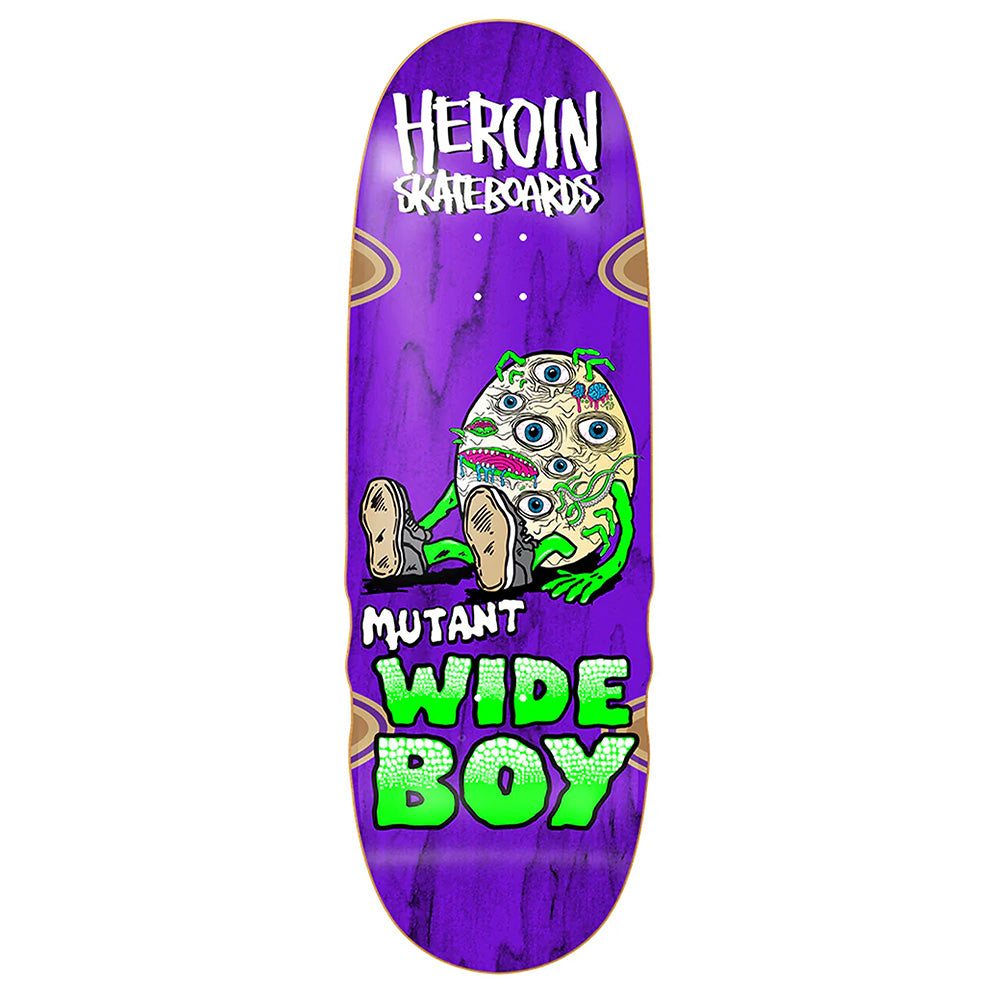 The HEROIN MUTANT WIDE BOY skateboard deck by HEROIN features 7-ply North American Hard Rock Maple, a purple colorway, "HEROIN SKATEBOARDS" branding, and a multi-eyed mutant character graphic.