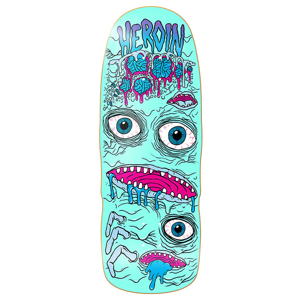 The HEROIN MUTATOR MINI skateboard deck by HEROIN features a blue background with cartoon melting eyes and mouths, plus "HEROIN" boldly displayed at the top. Made from hard rock maple, this 10.5" deck is striking and unique.