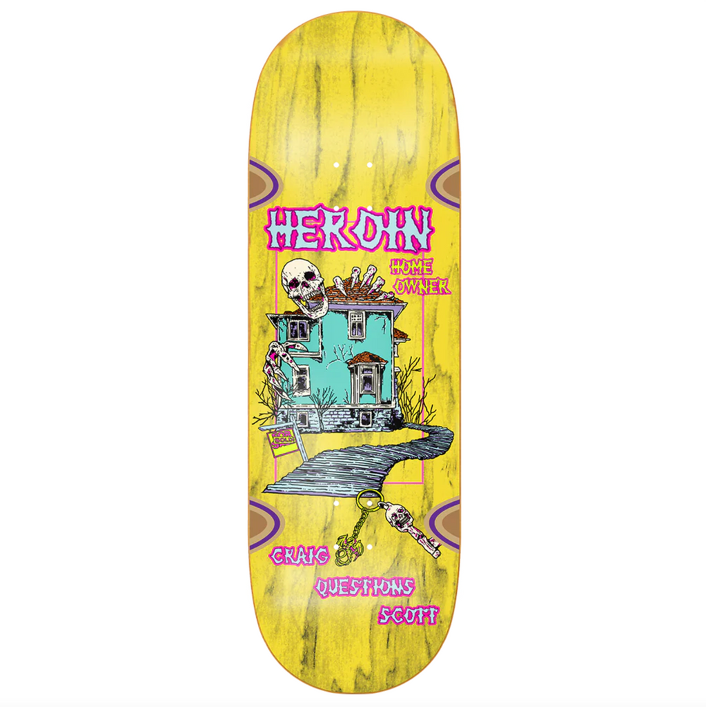 A yellow skateboard deck with an image of a house, the HEROIN CRAIG QUESTIONS DIE TONIGHT by BAKER.