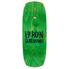The HEROIN THE PICKLE skateboard deck by HEROIN is made of hard rock maple, comes in green, and features bold black and white "HEROIN SKATEBOARDS THE PICKLE" text on top.