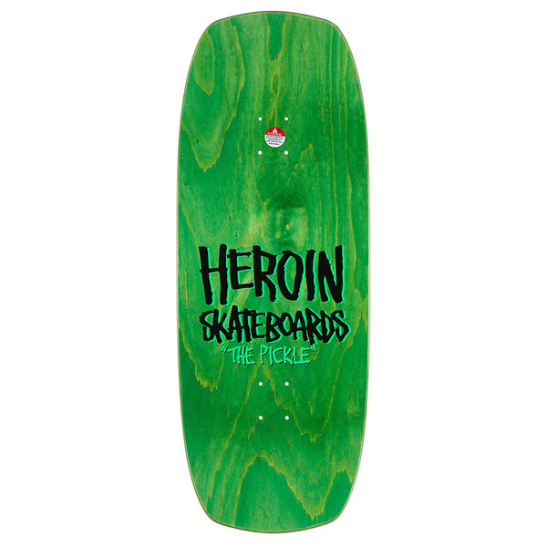 The HEROIN THE PICKLE skateboard deck by HEROIN is made of hard rock maple, comes in green, and features bold black and white "HEROIN SKATEBOARDS THE PICKLE" text on top.