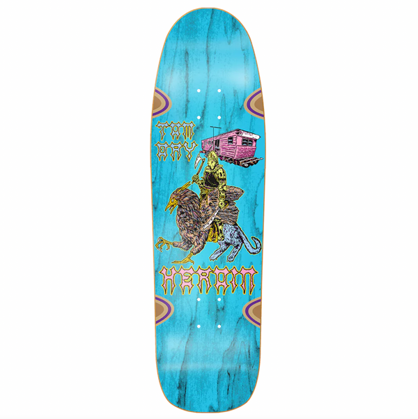 A Baker skateboard deck with the product name "Heroin Tom Day Die Tonight" and an image of a train on it.