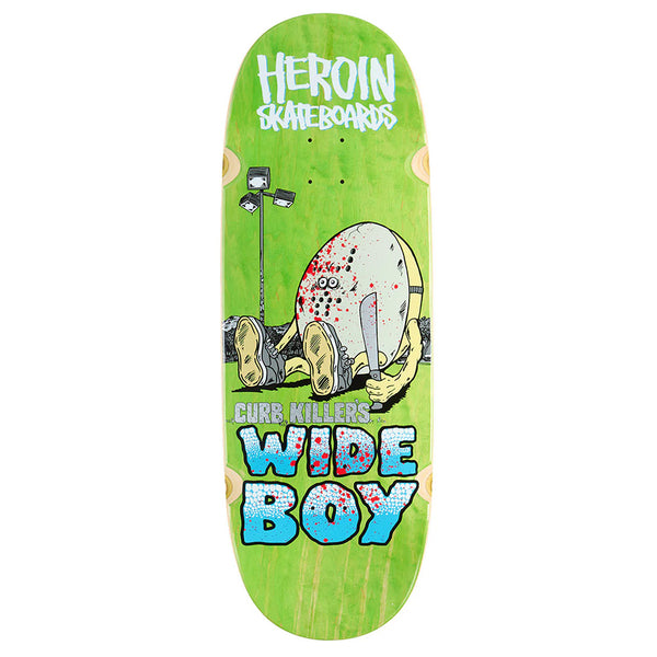 The HEROIN CURB KILLER WIDE BOY skateboard deck features a cartoon egg with shoes, lamp posts, and bold "HEROIN SKATEBOARDS," "CURB KILLERS," and "WIDE BOY" text. Made of Hard Rock Maple in a custom shape for curb killer style.