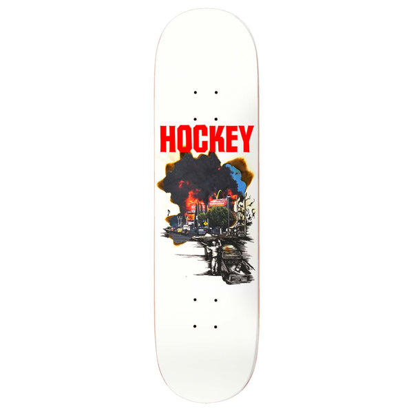 A HOCKEY JOHN FITZGERALD TIER ONE skateboard deck featuring a graphic of a burning house and the word "HOCKEY" in bold red letters above it, enhanced with silver foil highlights for an extra touch of flair. Available at HOCKEY DAVE'S ARENA.