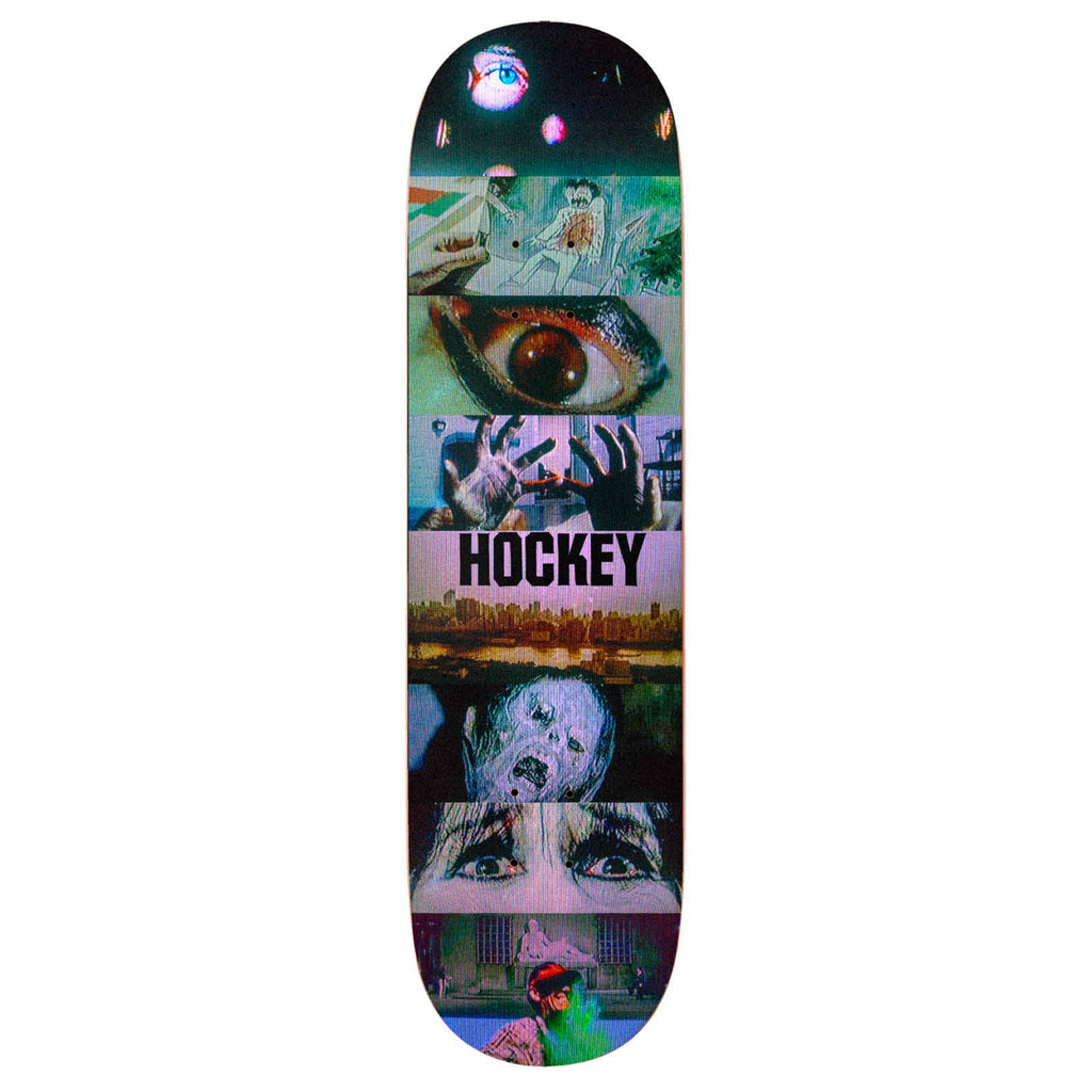 A HOCKEY BEN KADOW DAY DREAM skateboard deck from HOCKEY features various horror-themed, retro-style images, including eyes, hands, and faces. "HOCKEY STILL MISSING" is boldly written in the center. The slick bottom showcases a premium digital print that enhances its eerie appeal.