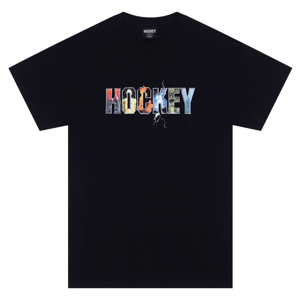 Black T-shirt with the word "HOCKEY" in colorful, textured letters across the chest. Crafted from 100% cotton for ultimate comfort, this stylish HOCKEY DAVE'S ARENA TEE BLACK is brought to you by HOCKEY.