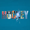 The word "HOCKEY" is displayed in uppercase letters, with each letter featuring a unique graphic design element, such as explosions, lightning, and nature scenes, against a teal background. This vibrant design would look stunning on a HOCKEY DAVE'S ARENA TEE BLUE or as part of our Puff Ink Printed Shirt collection by HOCKEY.