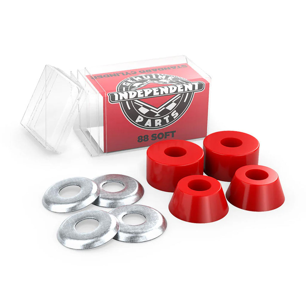 A package of INDEPENDENT BUSHINGS 88A SOFT CYLINDER includes four red ultra high rebound urethane bushings and four metal washers, perfect for enhancing the performance of your INDEPENDENT trucks.