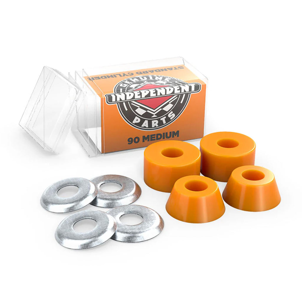 Image of a set of orange INDEPENDENT BUSHINGS 90A MEDIUM CYLINDER alongside four washers in a plastic box with "Independent Parts" branding. Made from ULTRA HIGH REBOUND URETHANE, these bushings offer superior performance.