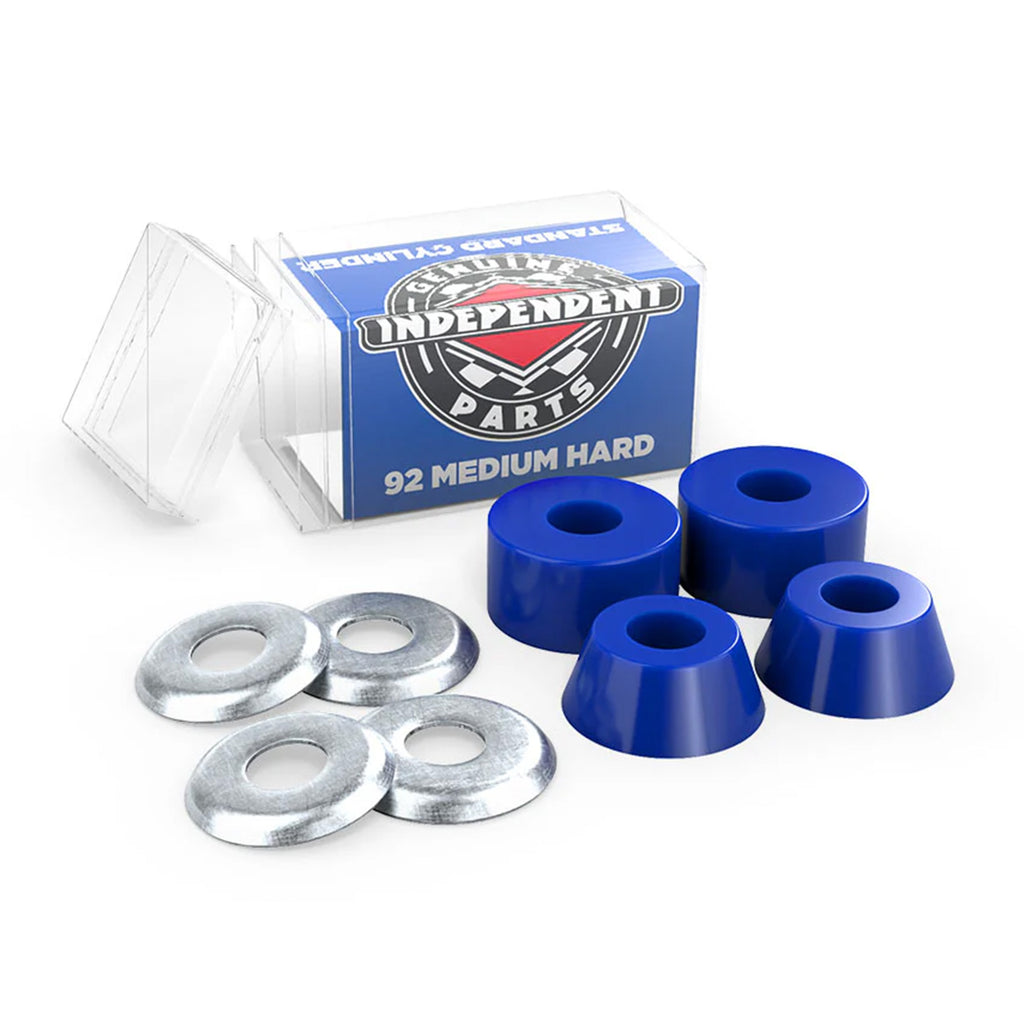 A box of INDEPENDENT BUSHINGS 92A MEDIUM HARD CYLINDER, featuring four blue ultra high rebound urethane bushings and four metal washers displayed in front.