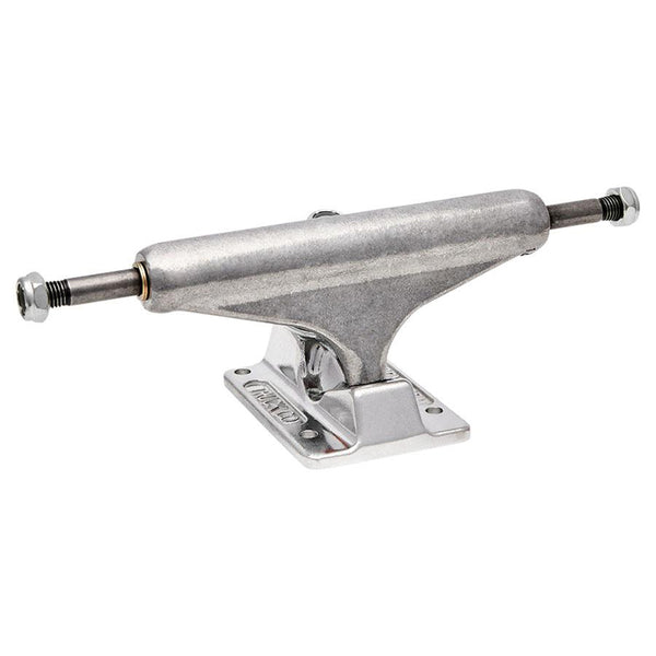 The INDEPENDENT FORGED HOLLOW STD 149 TRUCKS (SET OF TWO) from INDEPENDENT feature a silver skateboard truck with a 149 mm hanger and an 8.50 in axle, mounted on a rectangular base plate with four holes for attachment. Each truck weighs just 358 grams.
