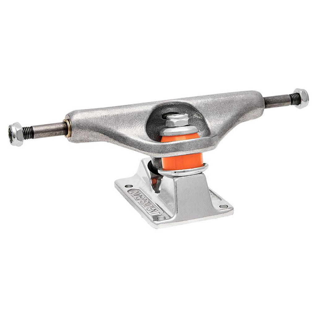 The Independent Forged Hollow STD 169 Trucks (Set of Two) feature a silver metal body, orange bushings, and black bolts designed for mounting to a skateboard deck. These lightweight trucks stand at 53.5mm tall and adhere to Stage XI specifications.