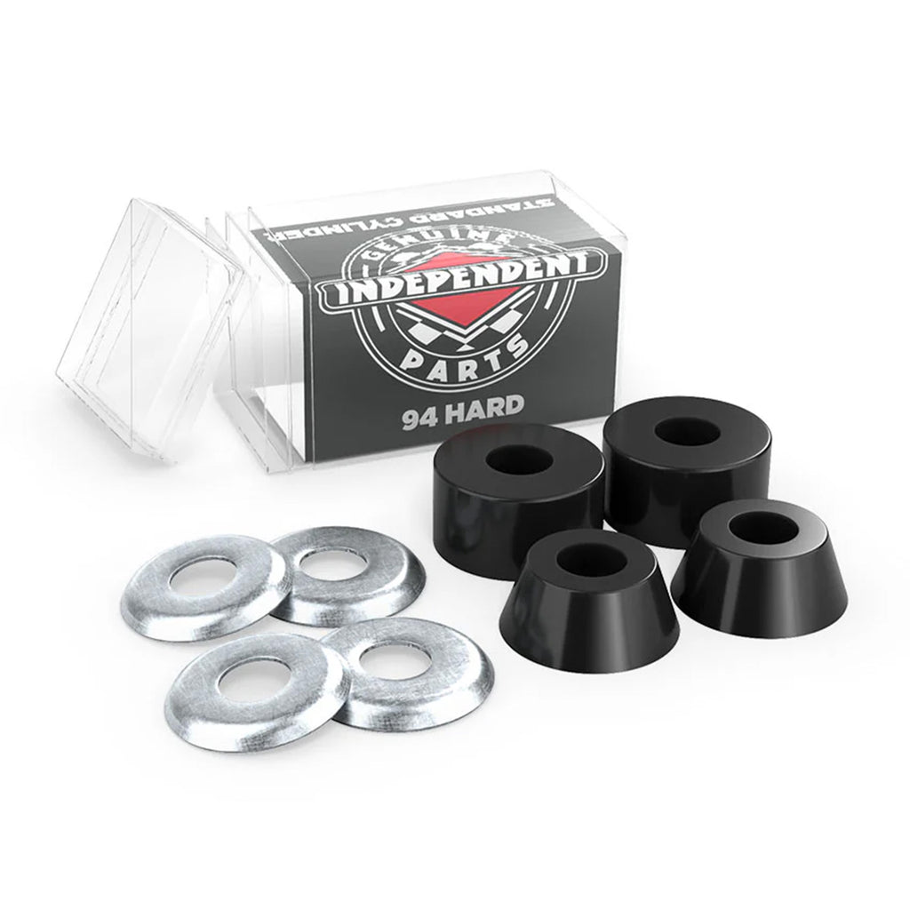 A set of skateboard bushings and washers with a packaging box labeled "INDEPENDENT BUSHINGS 94A HARD CYLINDER." The set includes four black Ultra High Rebound Urethane bushings and four silver washers.