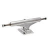 A single silver skateboard truck with a polished finish, featuring a lightweight hollow axle and a forged baseplate, complete with mounting holes: INDEPENDENT MID 144 FORGED HOLLOW TRUCKS (SET OF TWO) by INDEPENDENT.