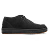 The IPATH CATS BLACK SUEDE by IPATH is a sleek black suede casual shoe featuring a three eyelet lace-up design, rounded toe, and a rubber sole with a slight platform. It also includes an Ortholite insole for enhanced comfort. Side view shown.