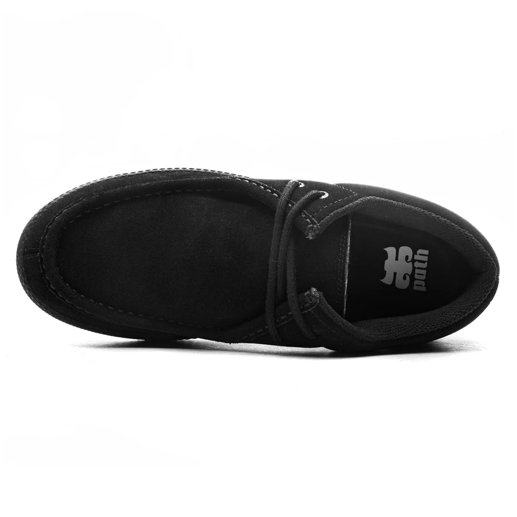 Top view of the IPATH CATS BLACK SUEDE casual shoe featuring black suede material, a lace-up design, and a textured sole. The IPATH brand logo is visible inside the Ortholite insole.