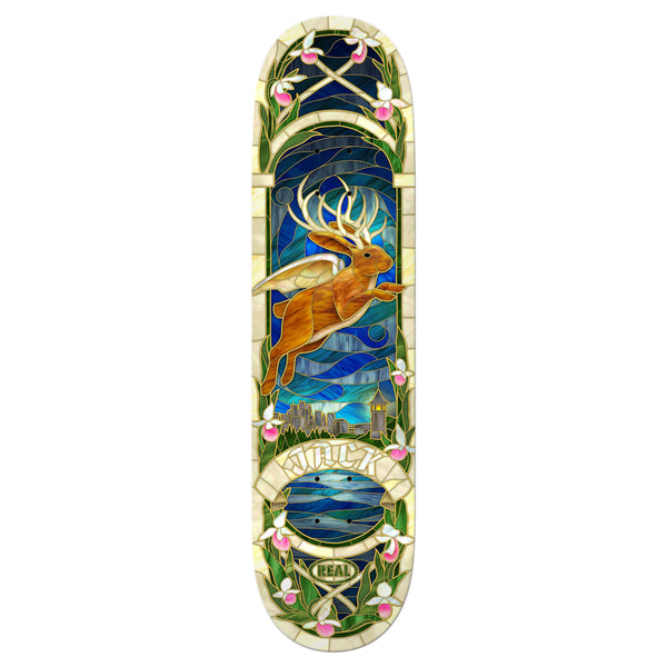 A REAL JACK OLSON CATHEDRAL skateboard deck featuring an intricate design of a jackalope in front of a stained glass-style background with nature elements and circular patterns, inspired by the unique artistry of Ishod Wair's Twin Tail series.