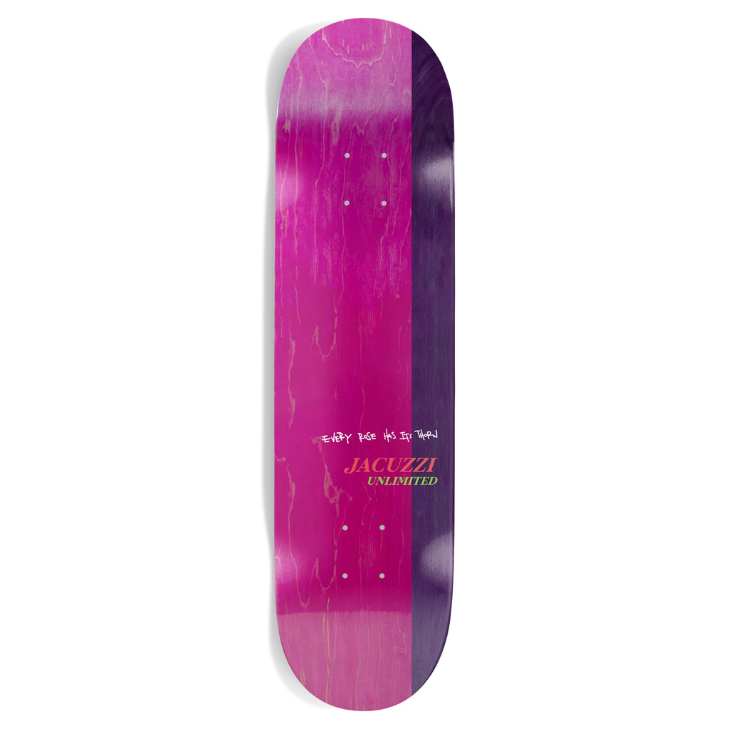 Purple and pink gradient JACUZZI UNLIMITED BARLETTA BRAVO skateboard deck with "jacuzzi unlimited" text logo in white, crafted from North American Maple.