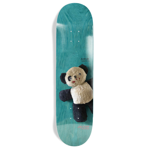 A JACUZZI UNLIMITED BARLETTA BRAVO hot tub with a teal wood grain design, featuring a plush panda toy attached to it, labeled with "Louis Vuitton" and "Supreme" logos.