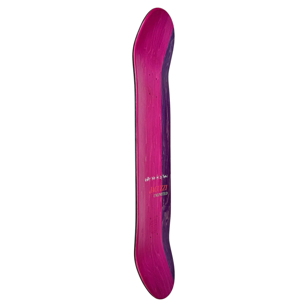 A pink and purple skateboard with visible North American Maple grain texture and JACUZZI UNLIMITED BARLETTA BRAVO branded text centered along the length.