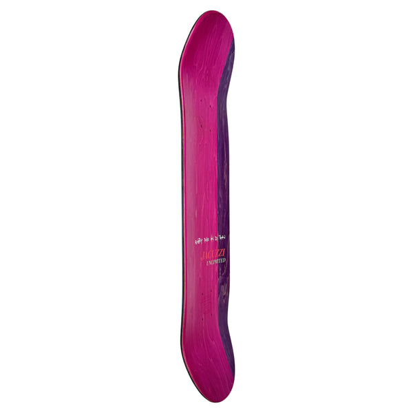 A pink and purple skateboard with visible North American Maple grain texture and JACUZZI UNLIMITED BARLETTA BRAVO branded text centered along the length.