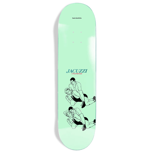 Skateboard with a mint green background and a black illustration of two wrestlers, featuring the text "JACUZZI UNLIMITED BARLETTA STATE CHAMP" and "isaac brest.