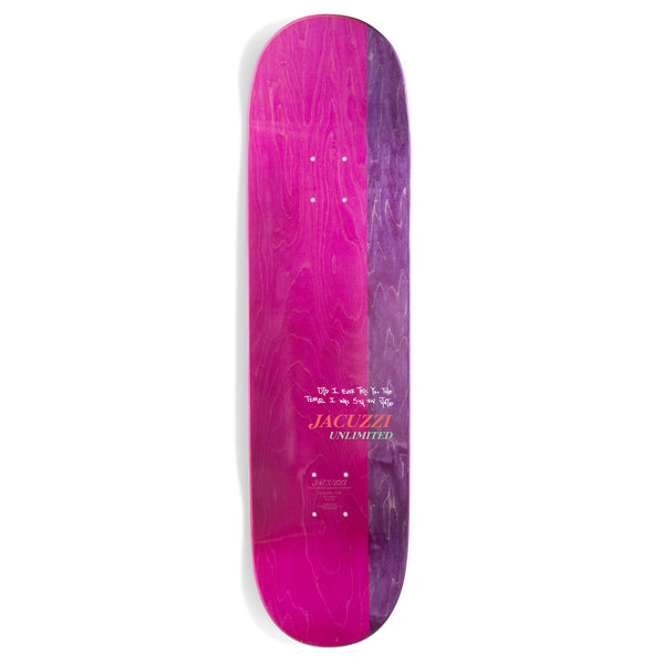 A vibrant pink and purple skateboard deck crafted from North American Maple, with the text "JACUZZI UNLIMITED BARLETTA STATE CHAMP" and "tip + tail = twin tip" displayed centrally.