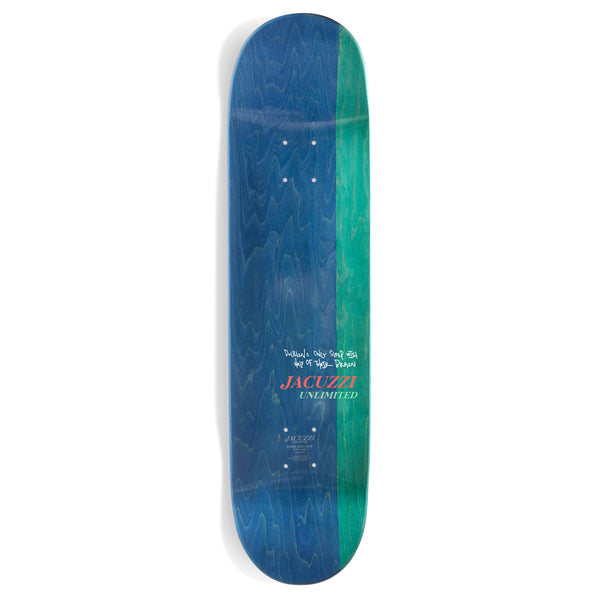 A JACUZZI UNLIMITED DILO FLIPPER skateboard deck with a blue and green wood grain design, featuring the logo "jacuzzi limited" in white calligraphy.