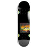A skateboard deck featuring a tropical beach scene with palm trees, green landscape, and a colorful sunset. Made from high-quality North American Maple, the text above the image reads "Jacuzzi Unlimited DILO FLIPPER.