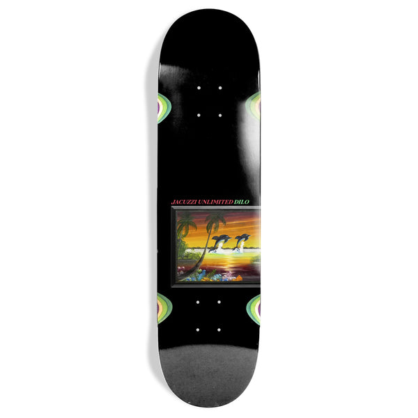 A skateboard deck featuring a tropical beach scene with palm trees, green landscape, and a colorful sunset. Made from high-quality North American Maple, the text above the image reads "Jacuzzi Unlimited DILO FLIPPER.