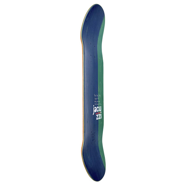 A JACUZZI UNLIMITED skateboard deck made from North American Maple with a blue and green design and the text "JACUZZI UNLIMITED" printed in white.