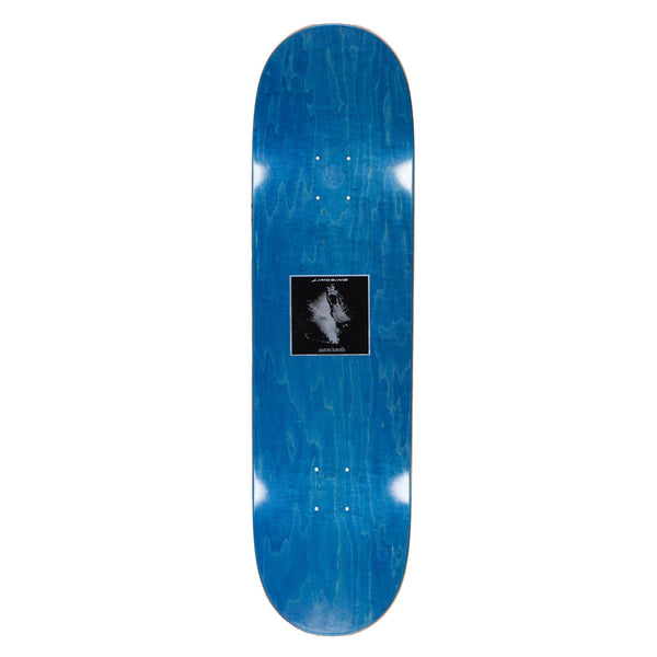 A blue LIMOSINE REPTILIAN skateboard with a picture of a person on it.