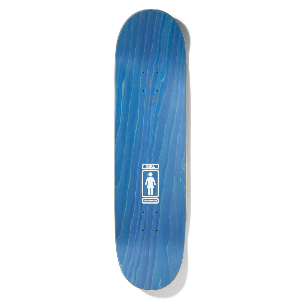 A blue skateboard with a GIRL KENNEDY 93 TIL logo on it.