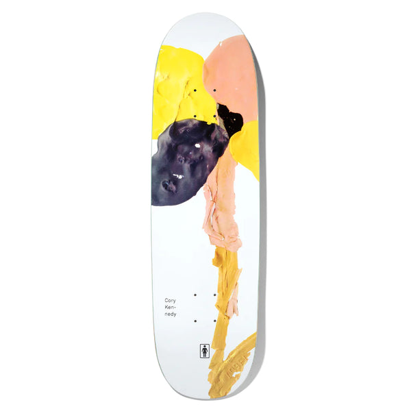 A skateboard with a painting of a GIRL KENNEDY BLOOMING on it.