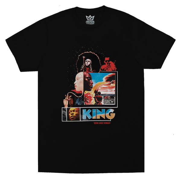 King Miles Tee Black featuring a collage graphic print with various movie-inspired images and the word "king" at the bottom.